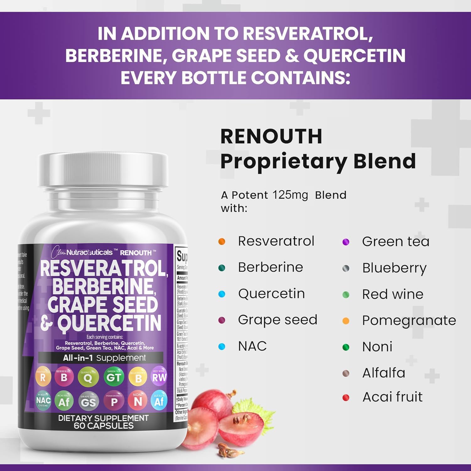 Resveratrol 6000mg Berberine 3000mg Grape Seed Extract 3000mg Quercetin 4000mg Green Tea Extract - Polyphenol Supplement for Women and Men with N-Acetyl Cysteine, Acai Extract - 60 Capsules : Health & Household