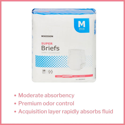 McKesson Super Briefs, Incontinence, Moderate Absorbency, Medium, 16 Count, 1 Pack