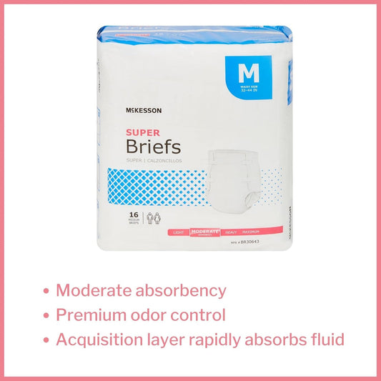 Mckesson Super Briefs, Incontinence, Moderate Absorbency, Medium, 16 Count, 1 Pack