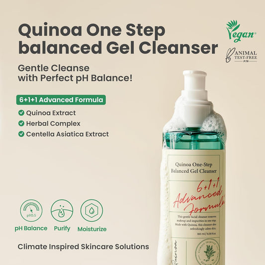 Axis-Y Quinoa One Step Balanced Gel Cleanser - Deep Hydrating Makeup Remover Facial Cleansing Gel - Vegan Korean Skin Care Face Wash For All Skin Types - 6.08 Fl. Oz