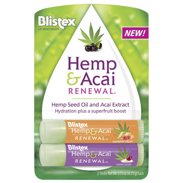 Blistex Hemp & Acai Renewal Lip Balm, 0.30 Ounce, 2 Count “ Raspberry Ginger & Cherry Cream, Moisturizing Lip Balm, Super Fruit Benefits, Nourishes & Conditions Lips