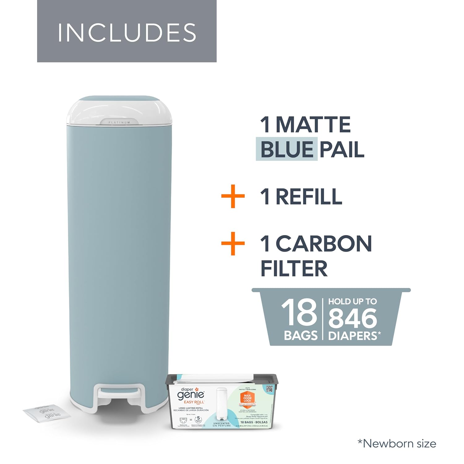 Diaper Genie Platinum Pail (Glacial Blue) is Made in Durable Stainless Steel and Includes 1 Easy Roll Refill with 18 Bags That can Last up to 5 Months. : Baby