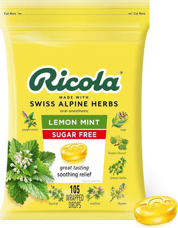 Ricola Sugar Free Lemon Mint Herbal Cough Suppressant Throat Drops, 105Ct Bag