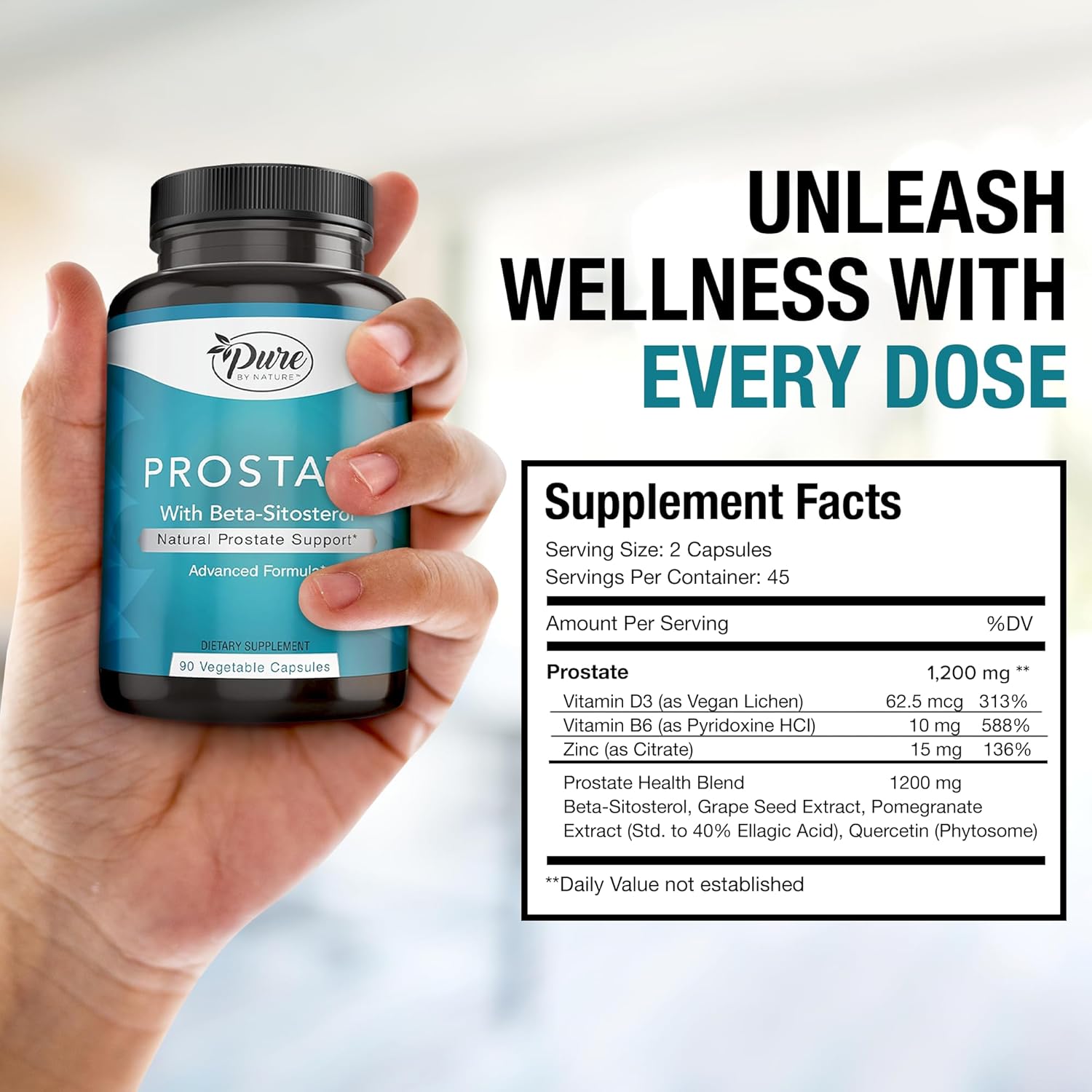 Pure By Nature Prostate Supplement For Men, Beta Sitosterol Prostate Health Supplement With Zinc For Urinary Tract Support, Ease Frequent Urination & Improved Sleep, Gluten-Free, Non-Gmo 90 Capsules : Health & Household