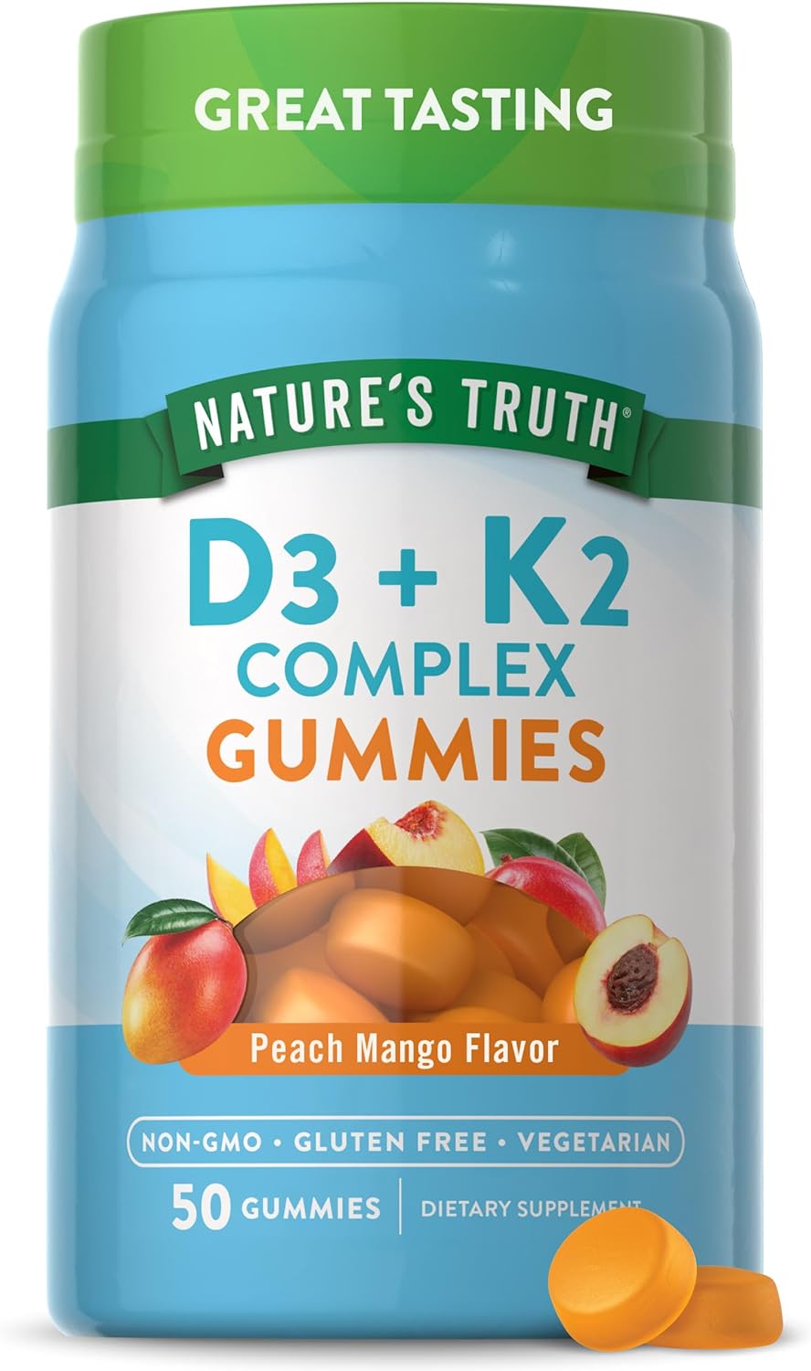 Nature'S Truth Vitamin K2 + D3 Gummy Complex | 50 Count | Vegetarian, Non-Gmo & Gluten Free Supplement | Peach Mango Flavor