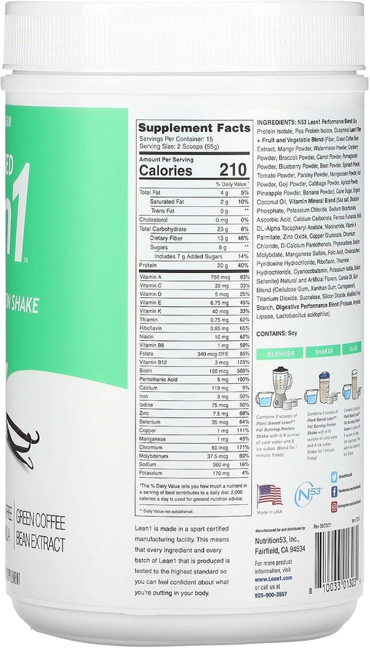 Lean1 Plant-Based Meal Replacement Protein Powder, Vanilla Flavor, 15-Serving Tub