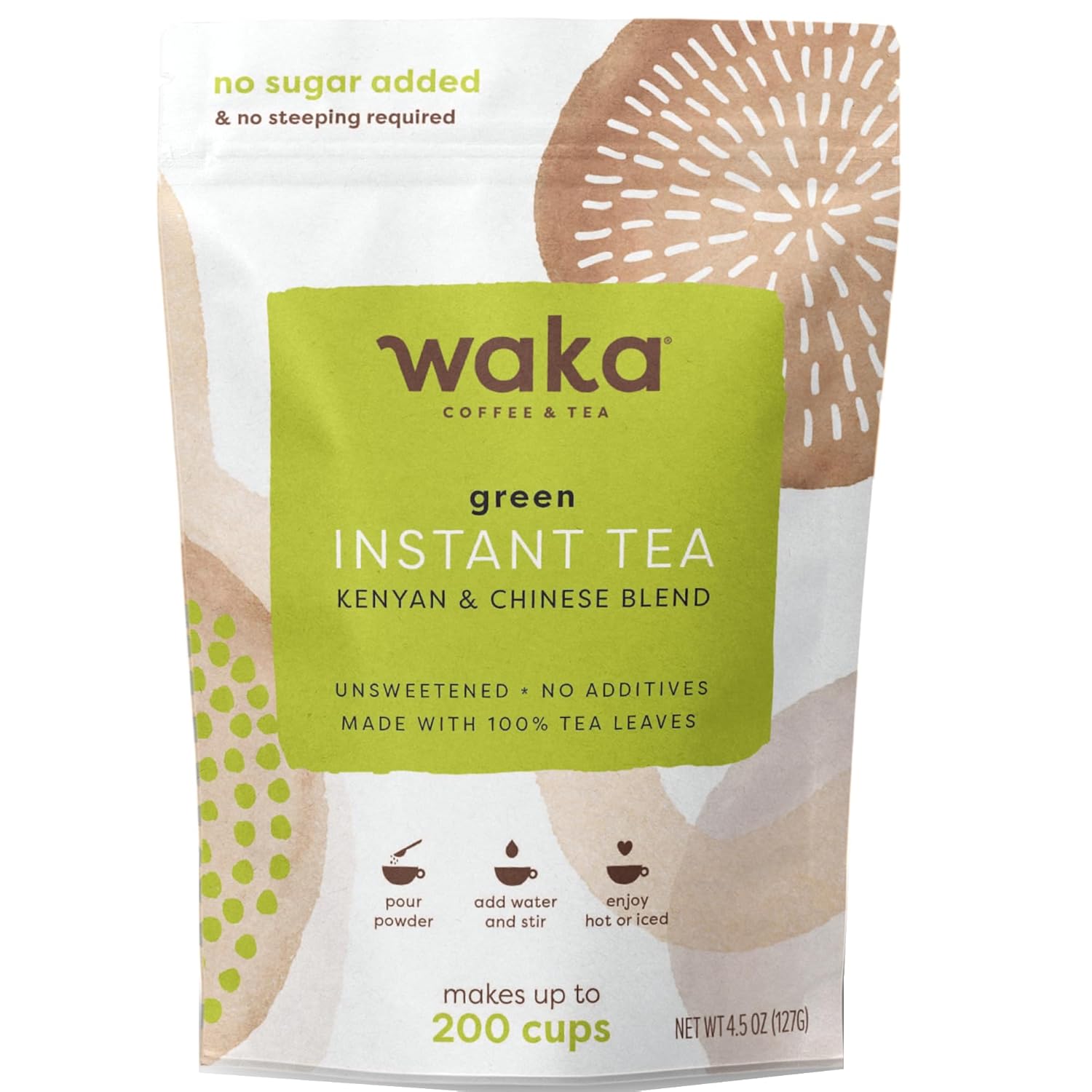 Waka Instant Green Tea Mix, Original - 100% Tea Leaves, No Additives, Unsweetened Tea Powder For 50 Quarts Or 200 Cups – Easy And Quick Hot Or Iced Teas (4.5Oz)