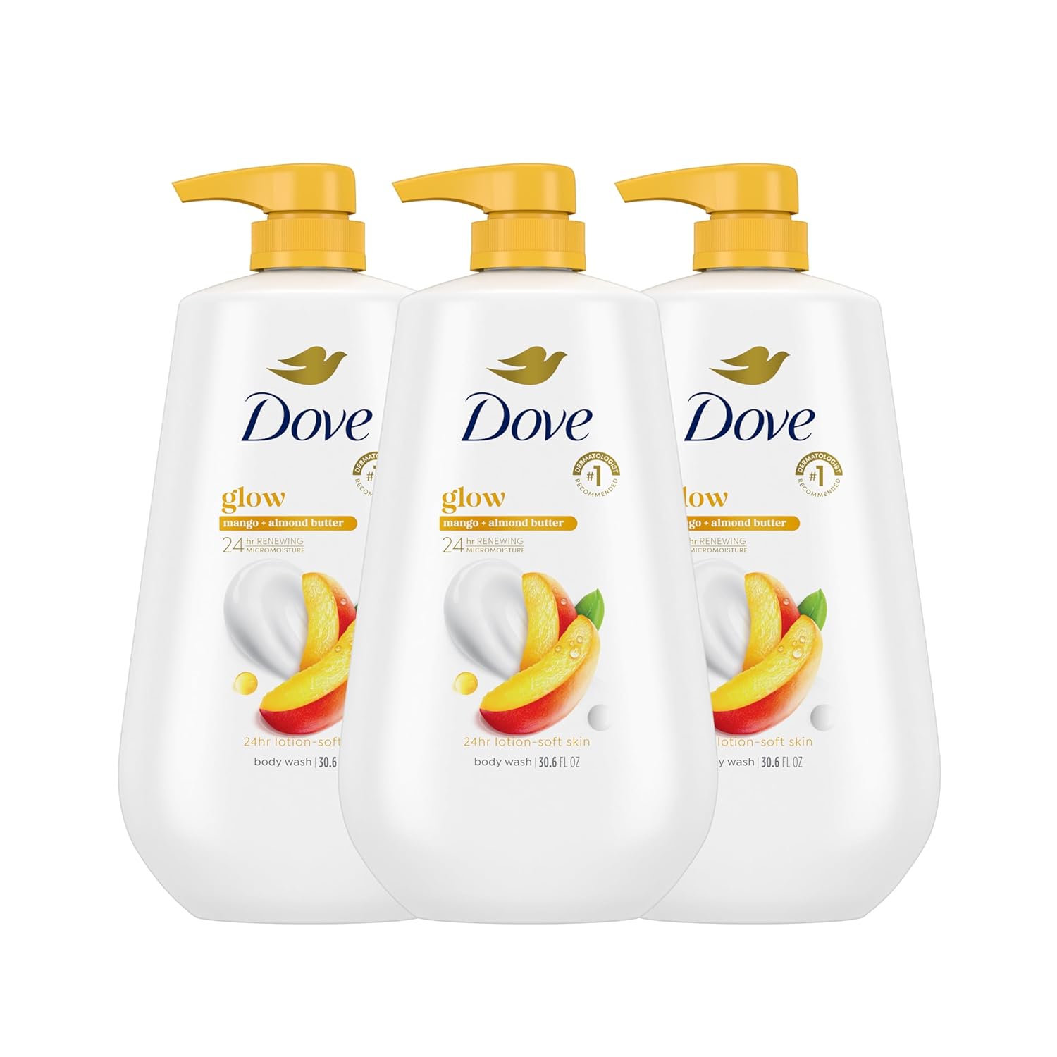 Dove Body Wash With Pump 3 Count Glowing Mango & Almond Butter For Renewed, Healthy-Looking Skin Gentle Skin Cleanser With 24Hr Renewing Micromoisture 30.6 Oz