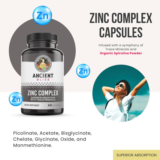 Zinc Complex Capsules with Enhanced Absorption, Antioxidant & Immune Support Supplement, Zinc Supplement for Men & Women by Ancient Bliss (60 Capsules)