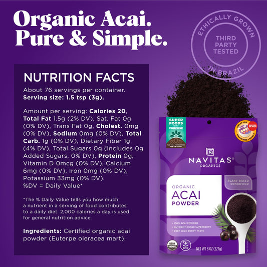 Navitas Organics Acai Powder, 8 Oz Bag, 76 Servings — Organic, Non-Gmo, Freeze-Dried, Gluten-Free