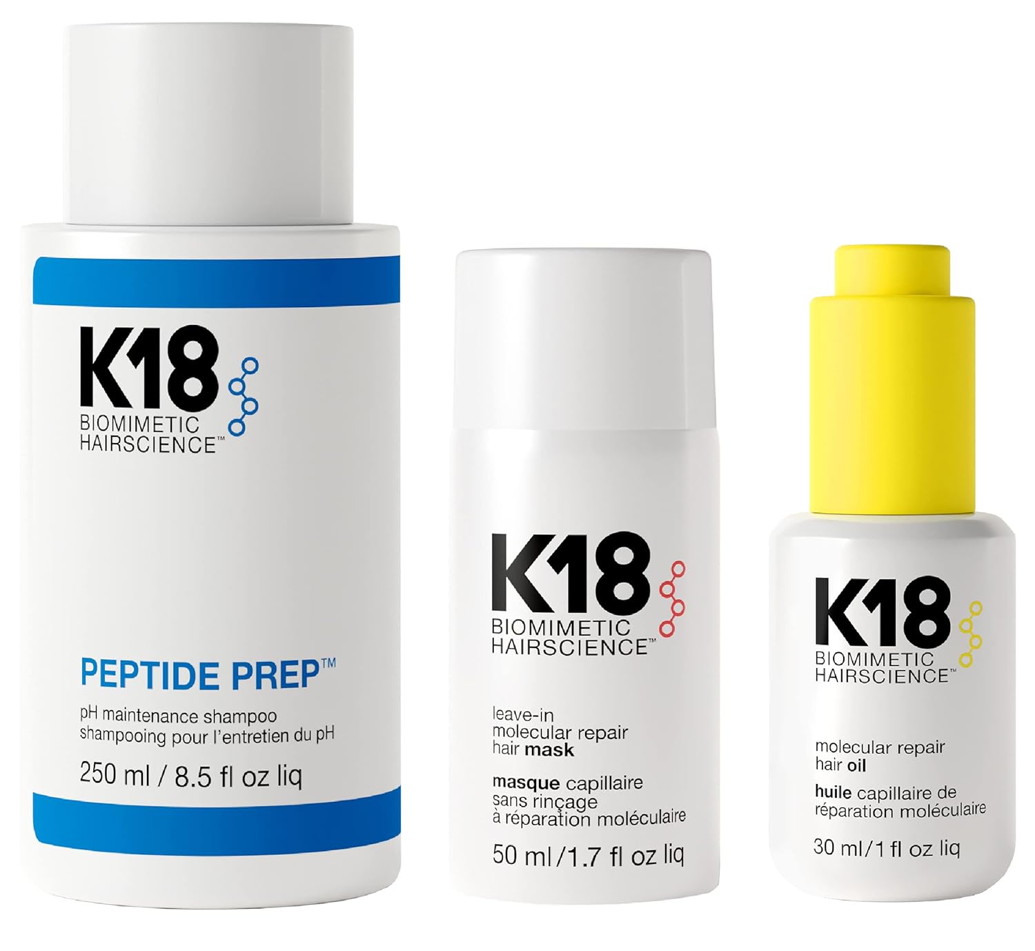 K18 Detox & Repair Bundle - Leave-In Repair Hair Mask, 4-Minute Speed Treatment(50ml), Color Safe Cleansing Shampoo (8.5oz) to remove build up, and Weightless Hair Strengthening Oil (30ml)