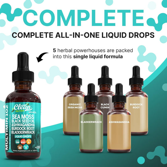Clean Nutra Organic Sea Moss Drops Supplement | Black Seed Oil Irish Seamoss Ashwagandha Burdock Root & Bladderwrack - Multimineral Liquid Vegan For Gut Heath Energy Skin Immune Support & Hair