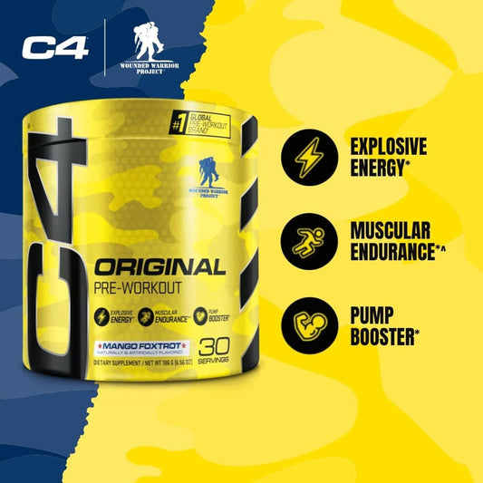 Cellucor C4 Original Pre Workout Powder Mango Foxtrot Sugar Free Preworkout Energy for Men & Women 150mg Caffeine + Beta Alanine + Creatine - 30 Servings (Packaging May Vary)