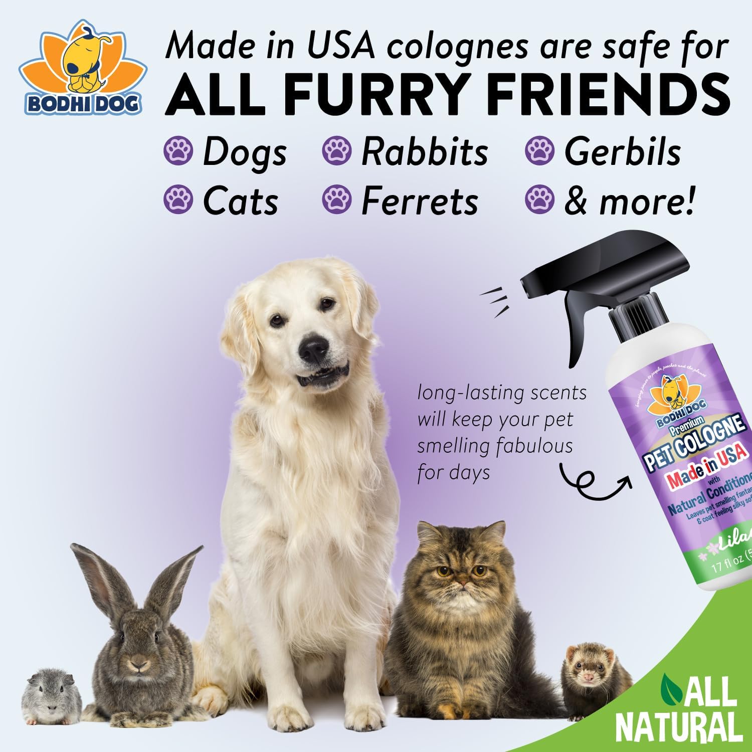 Bodhi Dog Natural Dog Cologne | Premium Scented Deodorizing Body Spray for Dogs & Cats | Neutralizes Strong Odors | Dog Perfume with Natural Dog Conditioner | Made in USA (Lilac, 17 Fl Oz)