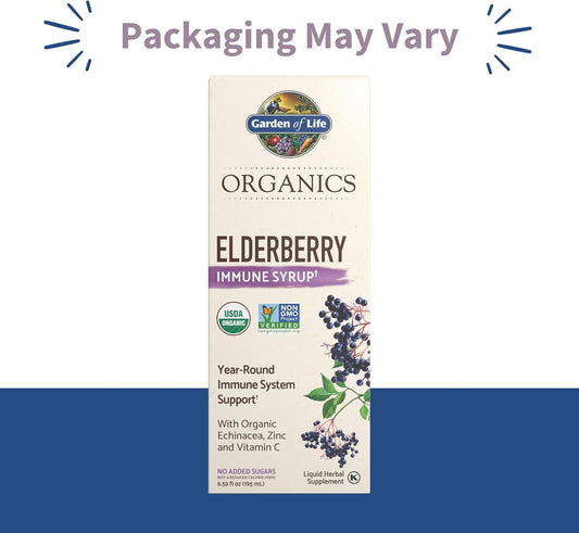 Garden Of Life Organics Plant-Based Elderberry Immune Syrup 6.59 Fl Oz (195 Ml) For Kids & Adults: Sambucus, Echinacea, Zinc & Vitamin C, 0G Sugar, Organic Vegan Gluten Free Herbal Supplement