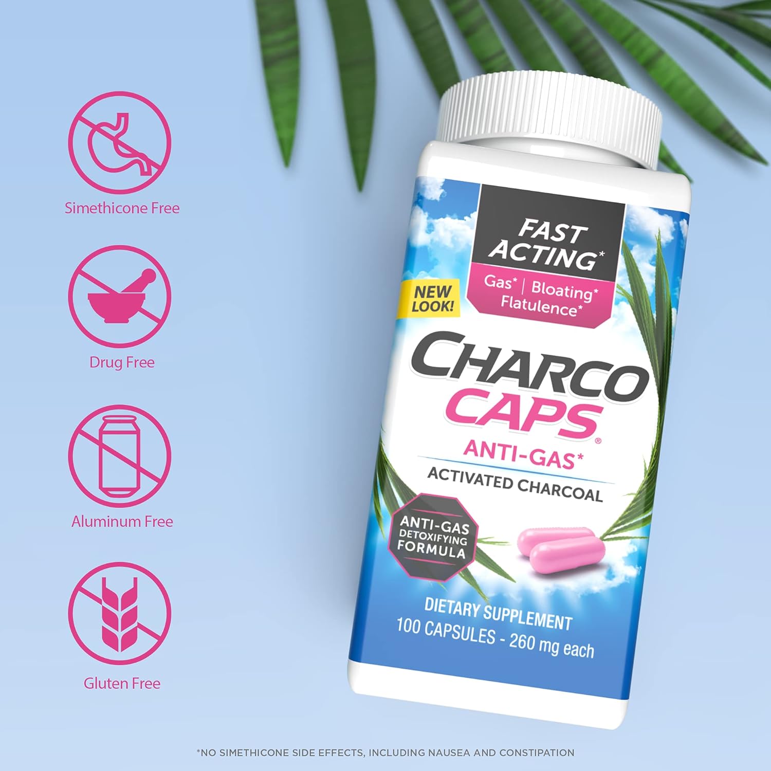 Charcocaps Fast Acting Gas Relief for Bloating & Flatulence, Drug Free Detoxifying Activated Charcoal Formula, 100 Capsules, 30 Day Supply, Pink : Health & Household