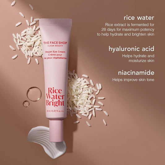 The Face Shop Rice Water Bright Vegan Eye Cream - Eye Cream For Dark Circles - Dark Circles Under Eye Treatment - Under Eye Brightener - Hydrating - Niacinamide - Hyaluronic Acid - Korean Skin Care