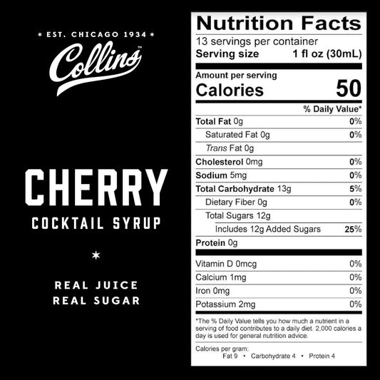 Collins Cherry Syrup, Cherry Simple Syrup, Real Sugar Cocktail Syrups, Soda Water Flavors, Cocktail Mixers, 12.7 Ounces, Set of 1