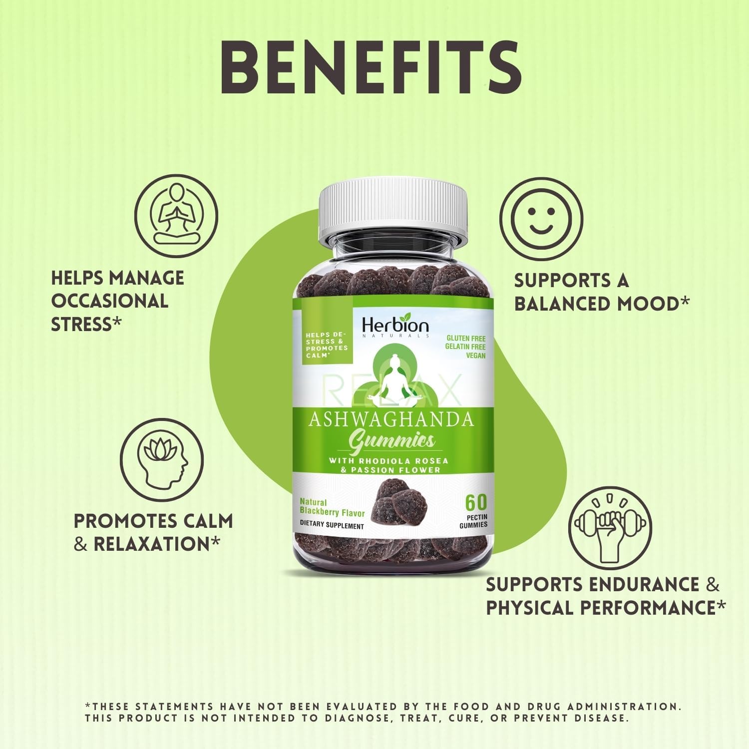 Herbion Naturals Ashwagandha Gummies with Herbal Blend, Helps De-Stress & Promote Calm*, Natural BlackBerry Flavor, Gluten-Free, 60 Pectin Gummies, Vegan, Made in USA, Pack of 2 : Health & Household