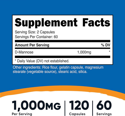 Nutricost D-Mannose 1000mg Per Serving, 120 Capsules - 500mg Per Capsule, Urinary Tract Health, Non-GMO and Gluten Free