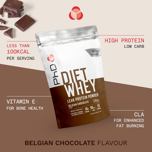 Phd Nutrition Diet Whey Low Calorie Protein Powder, Low Carb, High Protein Lean Matrix, Belgian Chocolate Whey Protein Powder, High Protein, 20 Servings Per 500G Bag