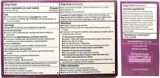 Rite Aid Acid Reducer Omeprazole Delayed Release Tablets - 20 Mg, 3 Bottles, 14 Count Each (42 Count Total), Unflavored, Heartburn Relief, Heartburn Medicine, Treats Frequent Heartburn