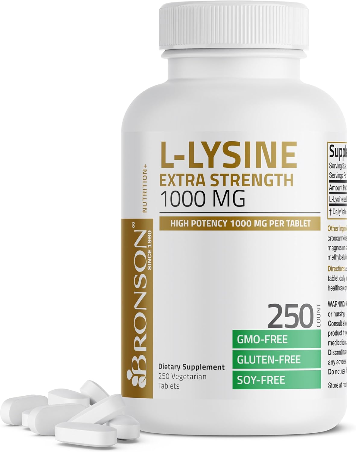 Bronson L-Lysine Extra Strength 1000 Mg Per Tablet High Potency, Immune Support & Supports Collagen Synthesis, Non-Gmo, 250 Vegetarian Tablets