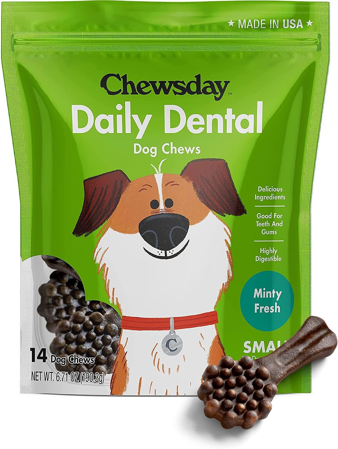 Small Minty Fresh Daily Dental Dog Chews, Made in The USA, Natural Highly-Digestible Oral Health Treats for Healthy Gums and Teeth - 14 Count