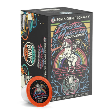 Bones Coffee Company Flavored Coffee Bones Cups Electric Unicorn Fruity Cereal Flavor | 12 ct Single-Serve Coffee Pods Compatible With 1.0 & 2.0 Keurig Coffee Maker