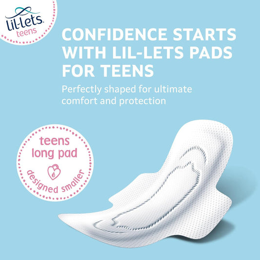 Lil-Lets Teens Long Pads X 12, Petite Towels for Girls & Teenagers, with Wings, for Medium Flow, Unscented, Soft & Breathable, First Period Sanitary Towels, 1 Pack of 12 Pads