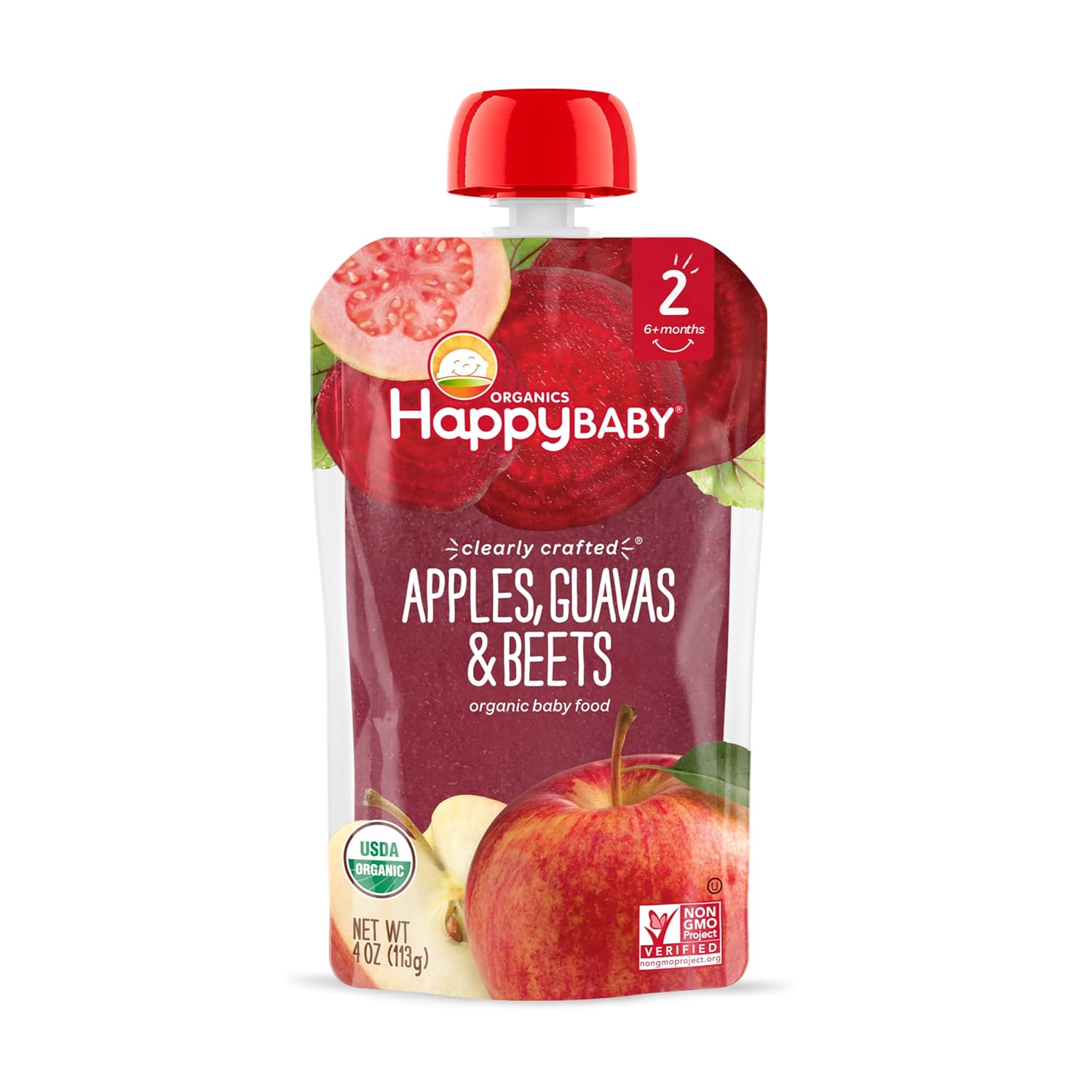 Happy Baby Organics Stage 2 Baby Food Pouches, Gluten Free, Vegan & Healthy Snack, Clearly Crafted Fruit & Veggie Puree, Apples, Guavas & Beets, 4 Ounces (Pack of 16) : Everything Else
