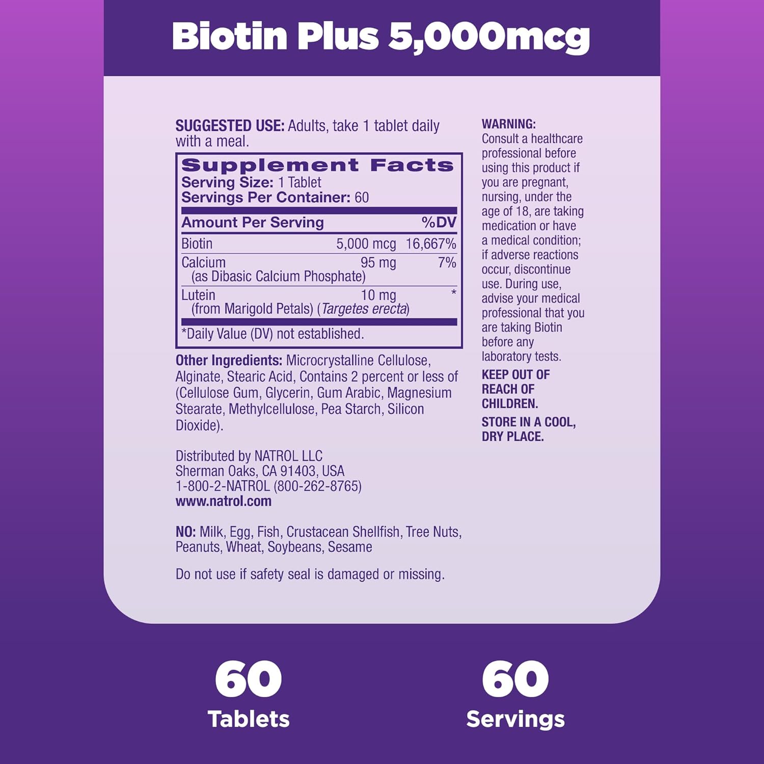 Natrol Beauty Biotin Plus Lutein 5,000 mcg, Dietary Supplement to Support Healthy Hair, Skin and Nails, 60 Beauty Tablets for Adults, 60 Day Supply : Health & Household