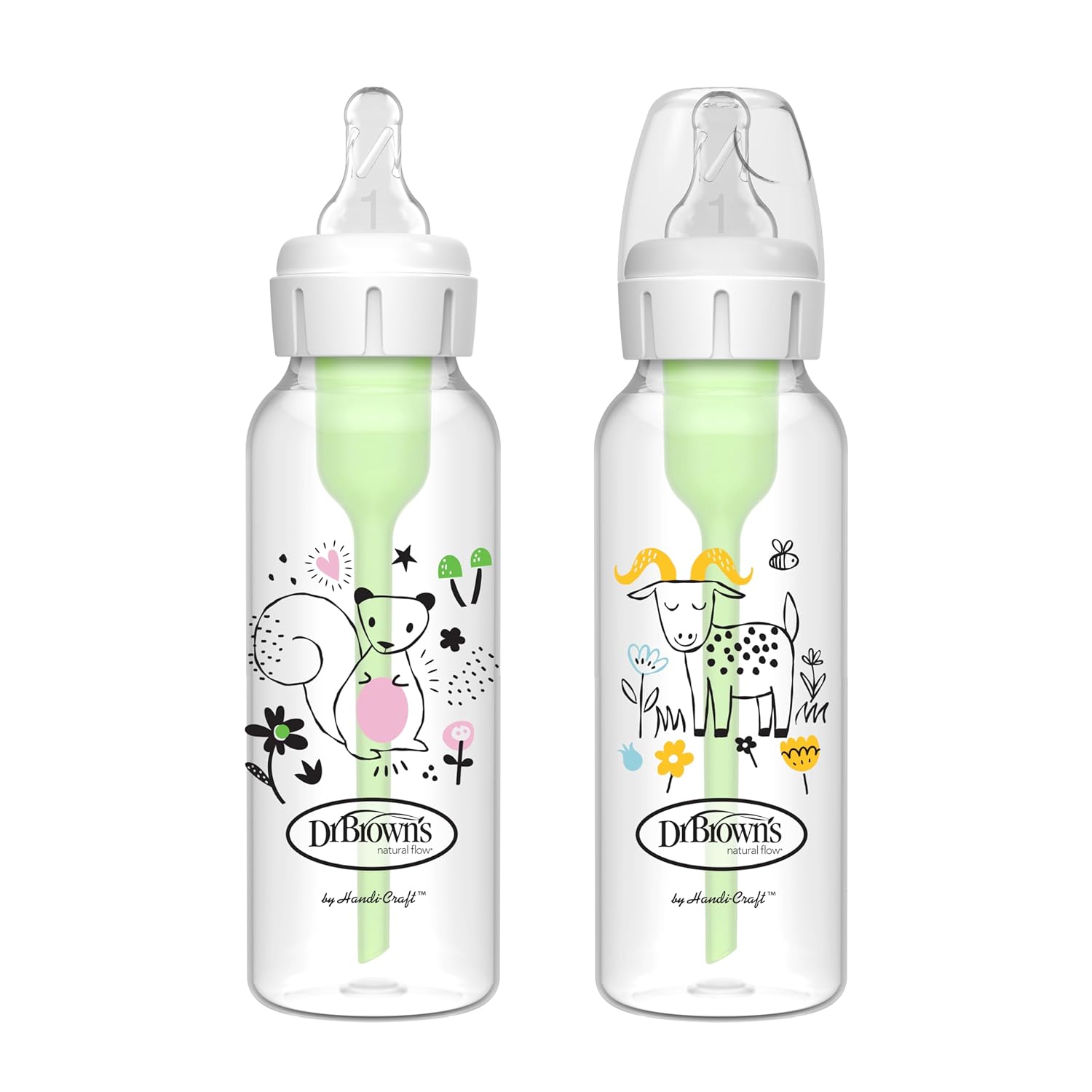 Dr. Brown'S Natural Flow Anti-Colic Options+ Narrow Baby Bottle, Squirrel & Goat, 8 Oz/250 Ml, With Level 1 Slow Flow Nipple, Bpa Free, 0M+, 2-Pack