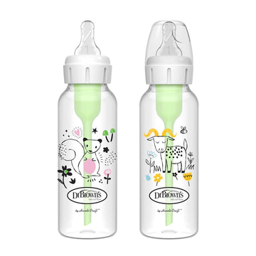 Dr. Brown'S Natural Flow Anti-Colic Options+ Narrow Baby Bottle, Squirrel & Goat, 8 Oz/250 Ml, With Level 1 Slow Flow Nipple, Bpa Free, 0M+, 2-Pack