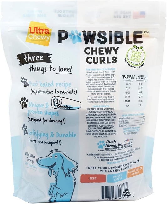 Ultra Chewy Pawsible Chewy Curls - Plant-Based Dog Treats Made In Usa, Bacon And Cheese Flavor - Healthy, Wholesome Reward, Easy To Digest Rawhide Free Snack - 7 Count