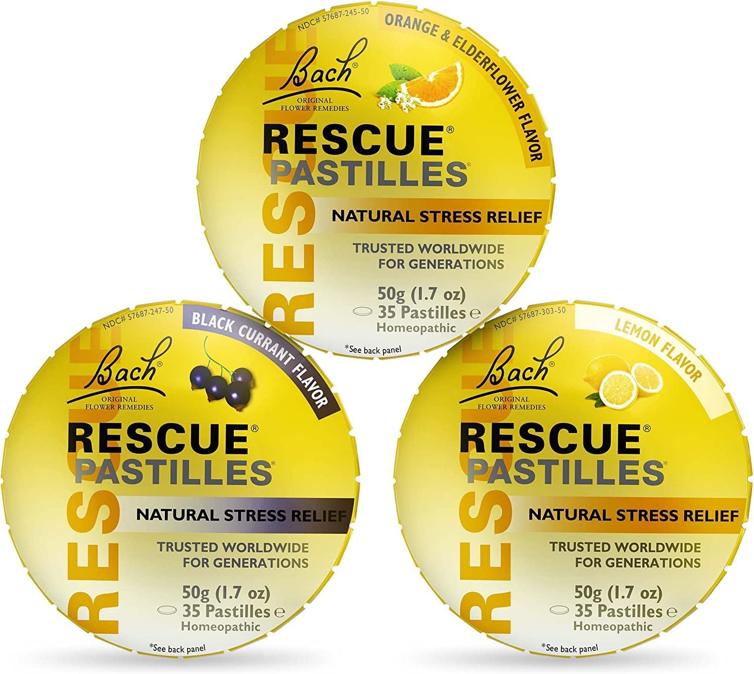 Bach Rescue Pastilles Bundle, Orange And Elderflower, Black Currant, And Lemon, Natural Stress Relief Lozenges, Homeopathic Flower Essence, Vegetarian, Gluten And Sugar-Free, 3 Count