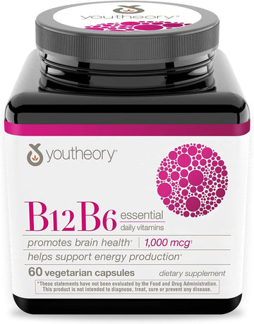Youtheory Vitamin B12 B6, Daily Energy and Brain Support Supplement, Vegetarian Capsules, 60 ct