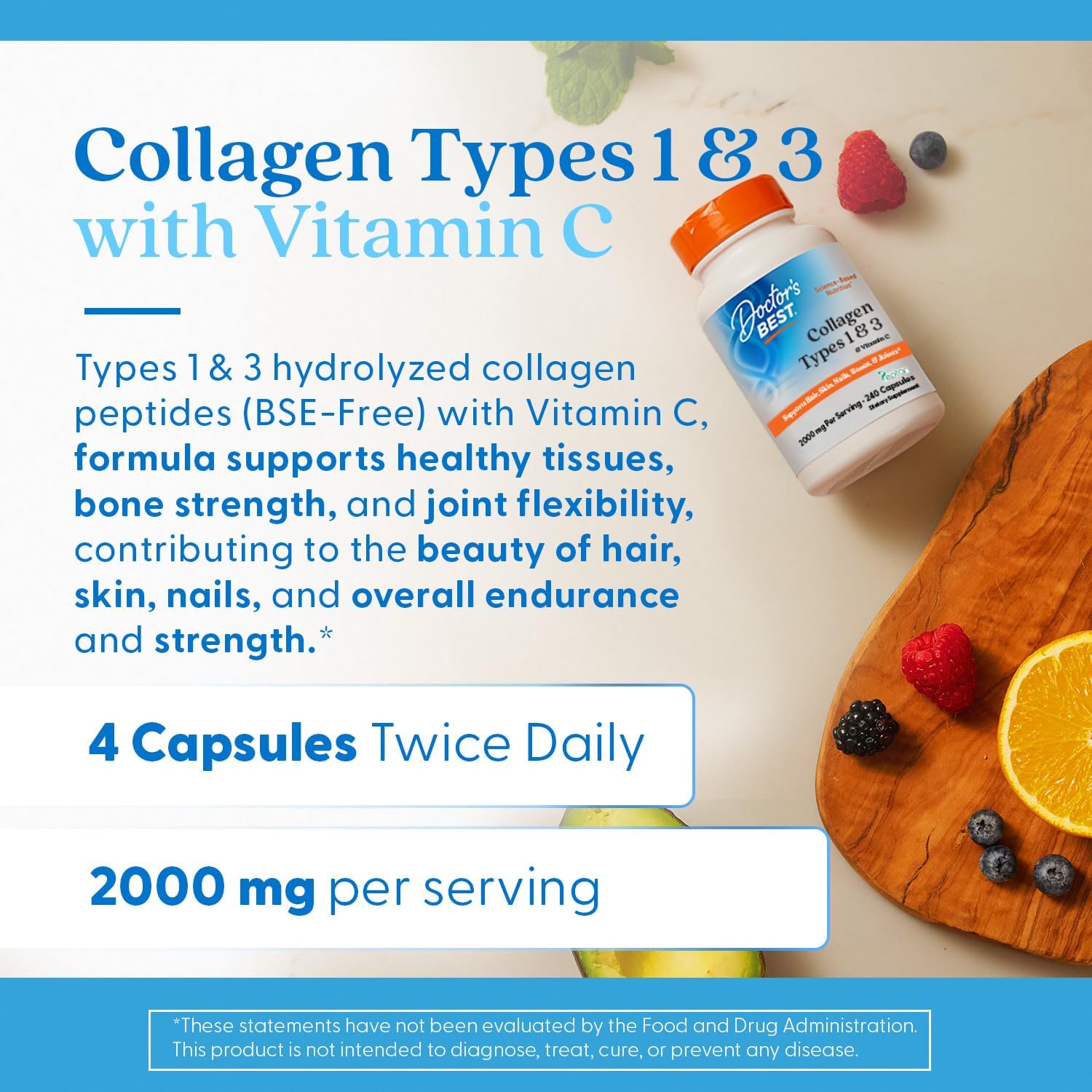 Doctor'S Best Collagen Types 1 & 3 With Vitamin C, Non-Gmo, Gluten Free, Soy Free, Supports Hair, Skin, Nails, Tendons & Bones, 500 Mg, 240 Caps (Drb-00263) : Health & Household