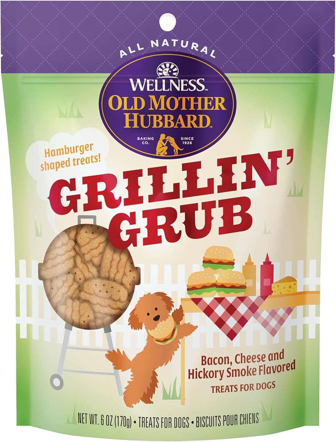 Old Mother Hubbard By Wellness Grillin' Grub Bacon, Cheese & Hickory Smoke Flavored Natural Dog Treats, Crunchy Oven-Baked Biscuits, Ideal For Training, 6 Ounce Bag