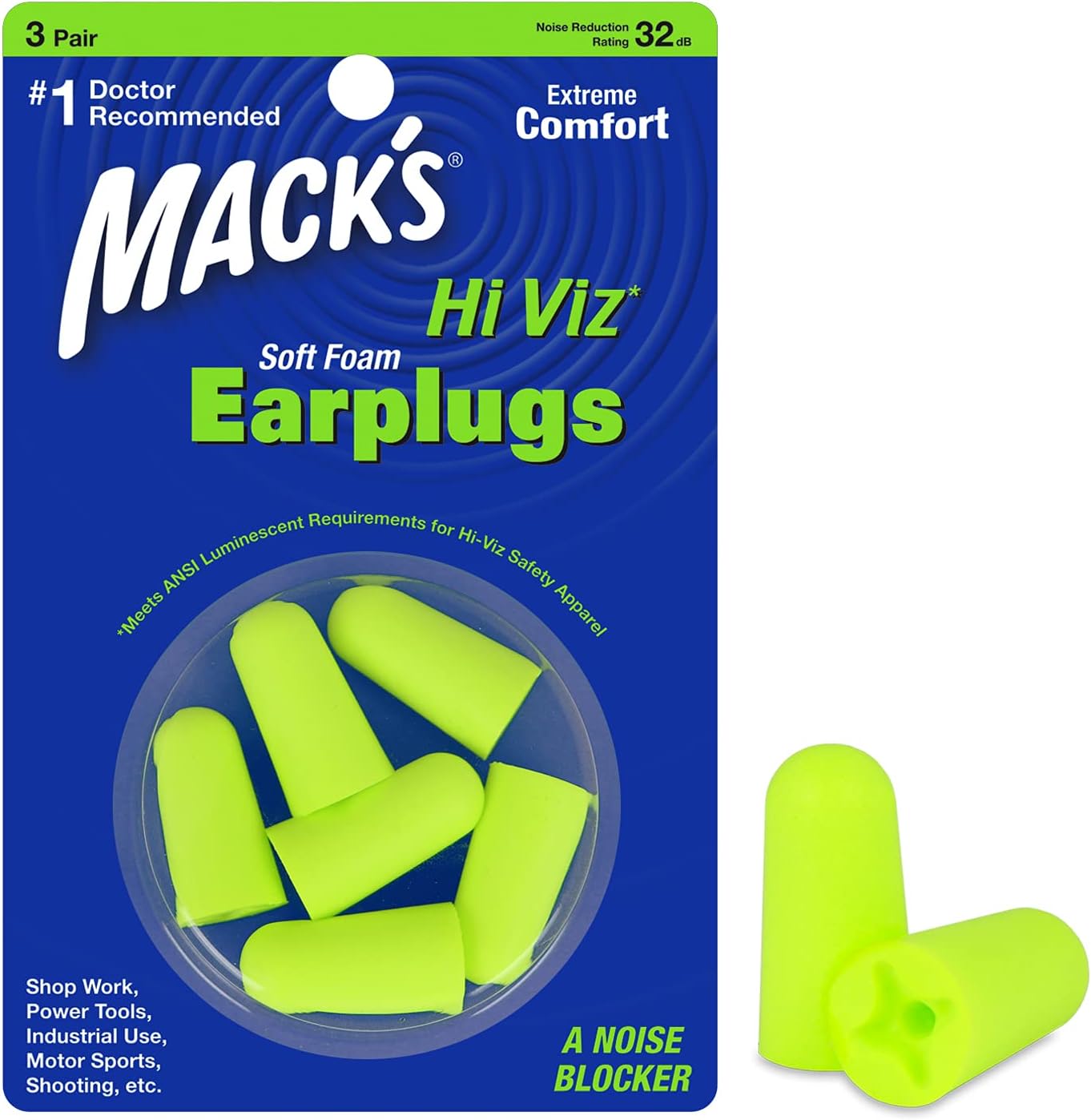 Mack?s Hi Viz Soft Foam Earplugs, 3 Pair ? Most Visible Color, Easy Compliance Checks, 32dB High NRR ? Comfortable, Safe Ear Plugs for Shop Work, Industrial Use, Motor Sports and Shooting