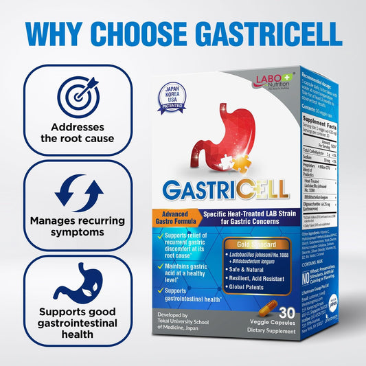 Labo Nutrition Gastricell - Acid Reflux, Heartburn, Recurring Gastric Discomfort, Natural Defence Against Gastric Distress 30 Capsules