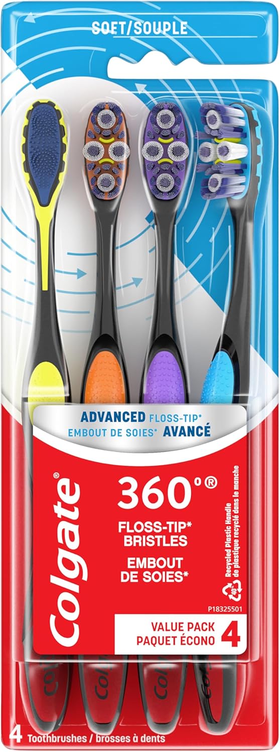 Colgate 360 Advanced Floss Tip Toothbrush, Soft Toothbrush For Adults, 4 Pack