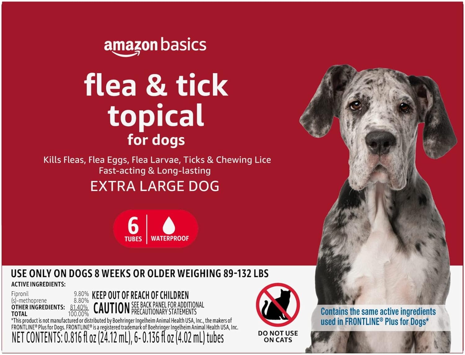 Amazon Basics Flea and Tick Topical Treatment for X-Large Dogs (89-132 lbs), 6 Count (Previously Solimo)