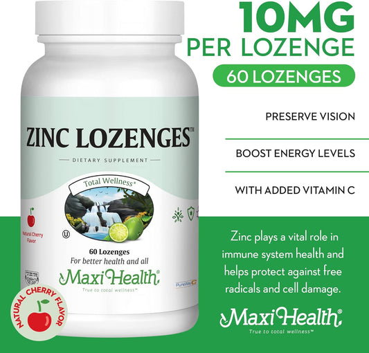 Maxi-Health Zinc Lozenges - Zinc Citrate 10Mg - With Vitamin C - Cherry Flavor - 60 Chewables - Kosher