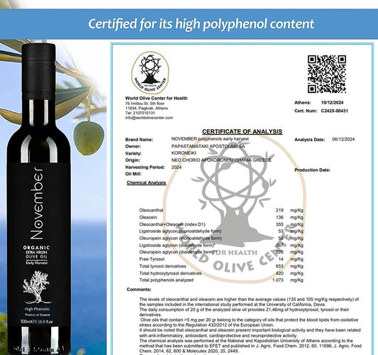 November Polyphenols Organic Olive Oil - Early Harvest - Fresh Harvest - Bio - Premium Extra Virgin - Cold Extracted - High Phenolic Evoo - Greek - 500 Ml