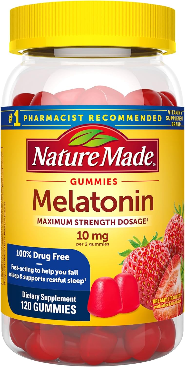 Nature Made Melatonin 10Mg Per Serving Gummies, Maximum Strength Dosage, 100% Drug Free Sleep Aid For Adults, 120 Melatonin Gummies, 60 Day Supply