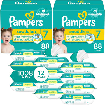 Pampers Swaddlers Disposable Baby Diapers Size 7, 2 Month Supply (2 X 88 Count) With Sensitive Water Based Baby Wipes 12X Multi Pack Pop-Top And Refill (1008 Count)