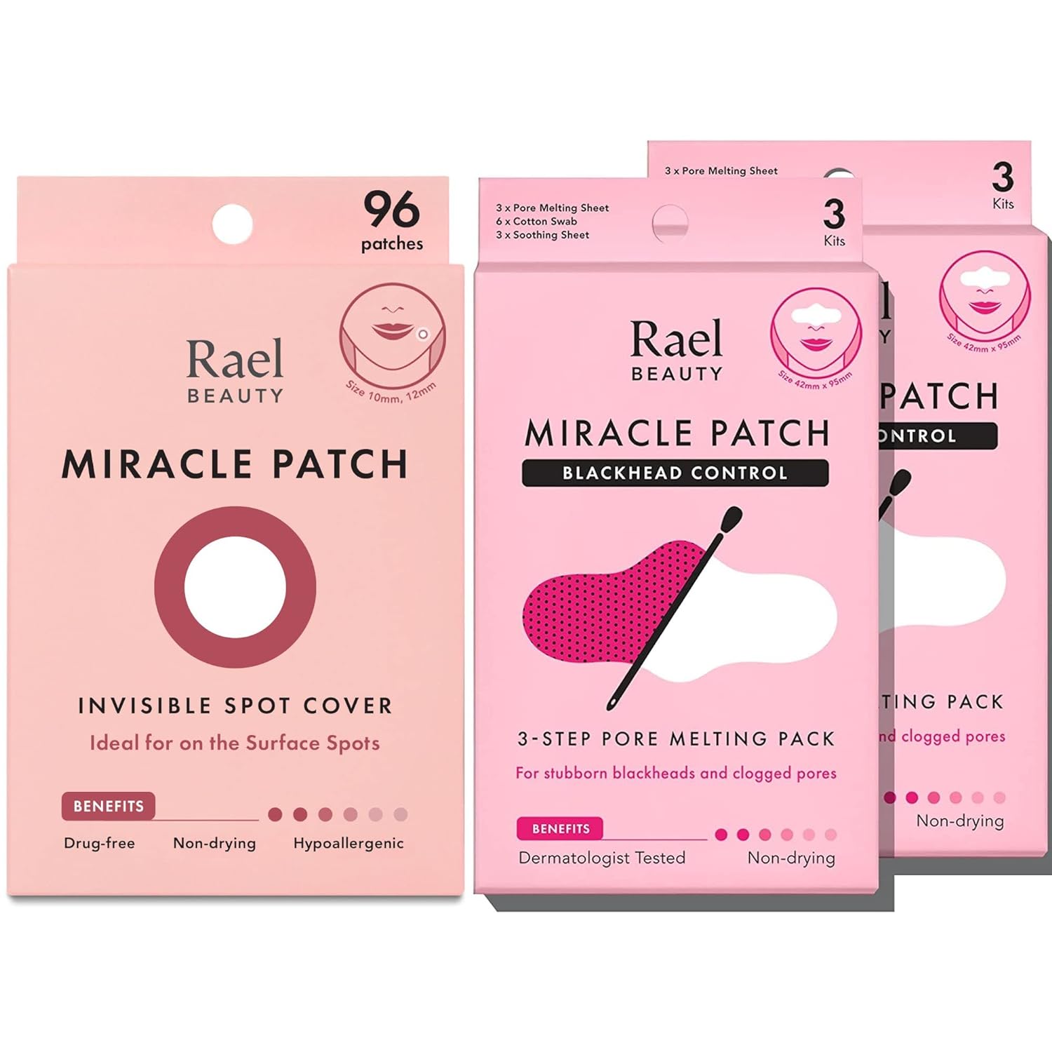 Rael Miracle Bundle - Invisible Spot Cover (96 Count) & Pore Melting Pack, 3 Step Nose Strip (2 Pack)