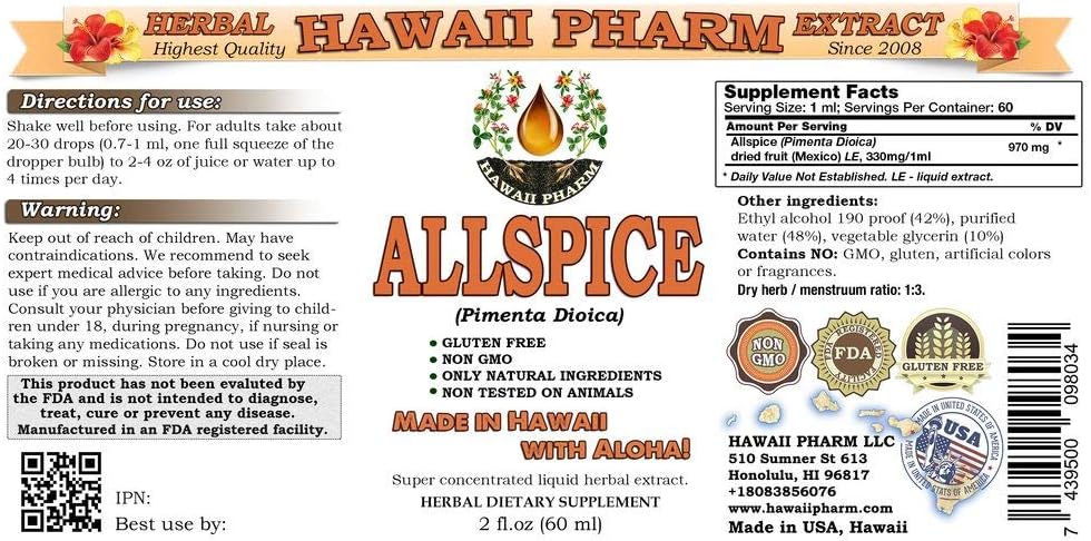 Hawaiipharm Allspice Liquid Extract, Organic Allspice (Pimenta Dioica) Tincture 2 Oz