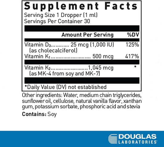 Douglas Laboratories - Liquid D & K - Vitamins K-1, K-2 And Vitamin D3 To Support Optimal Bone Health - 1 Fl. Oz. - Natural Vanilla Flavor